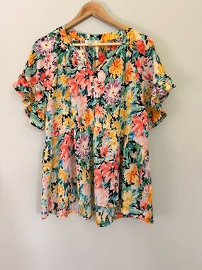 Umgee Floral Ruffle Short-Sleeve Peplum Top - Multicolor
